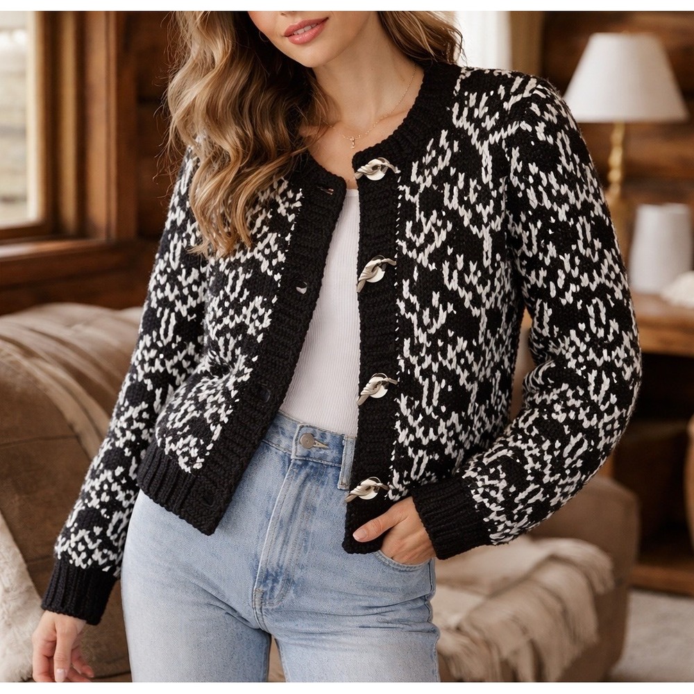 Kemper Cardigan Sweater Womens Medium Black White Excellent Bird Buttons Knit